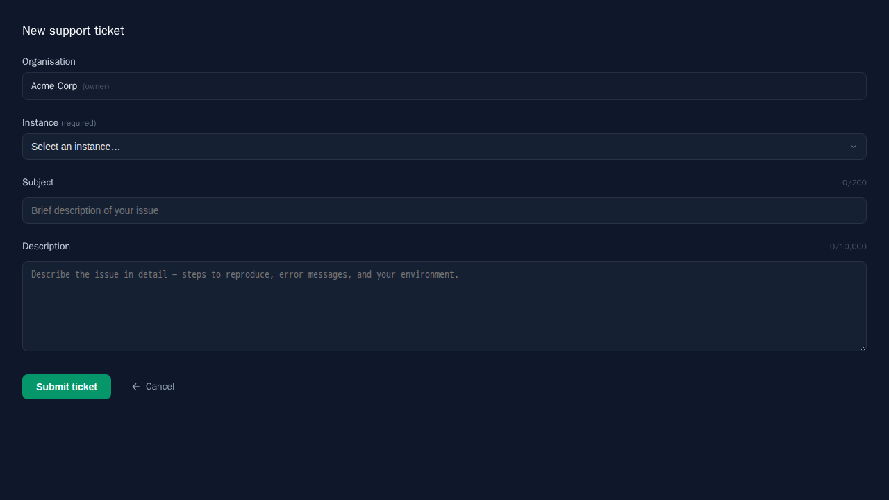 Instance dropdown in the ticket create form, open and showing a list of organization instances with a General option at the bottom