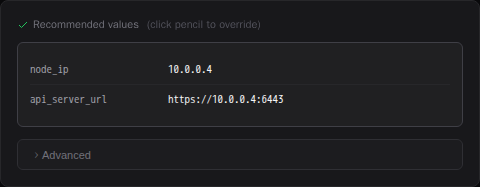 Provisioning form showing recommended values for node_ip and api_server_url with a green checkmark indicating auto-detected values