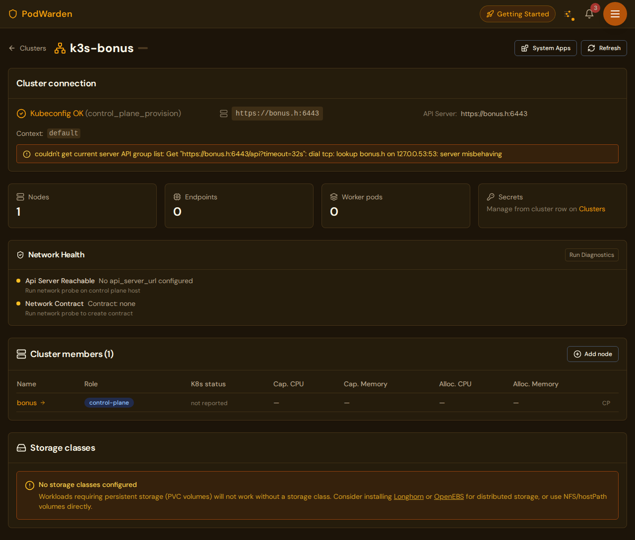 Cluster detail page showing cluster members grouped by zone with node role, CPU, and memory capacity