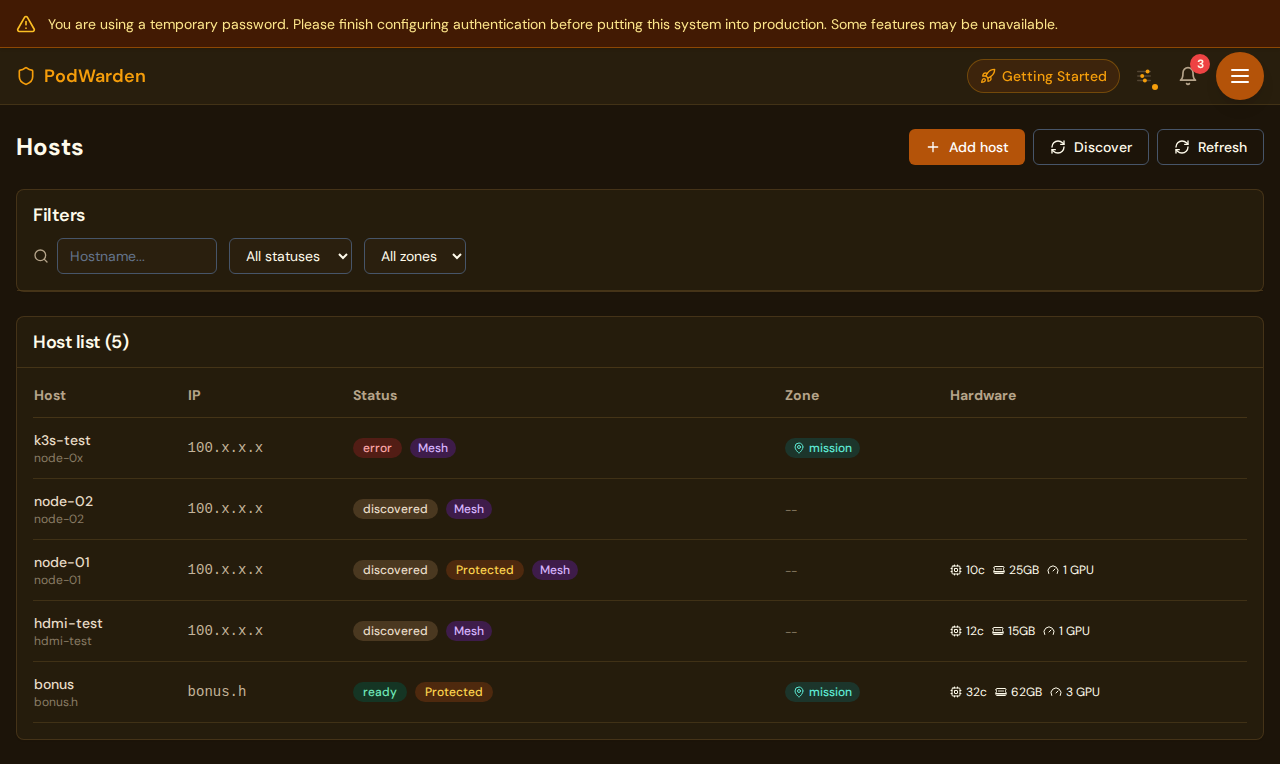 PodWarden hosts page