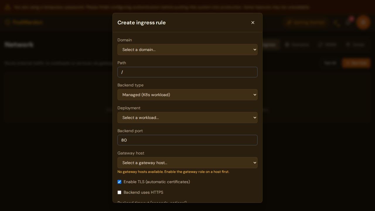 PodWarden create ingress rule modal