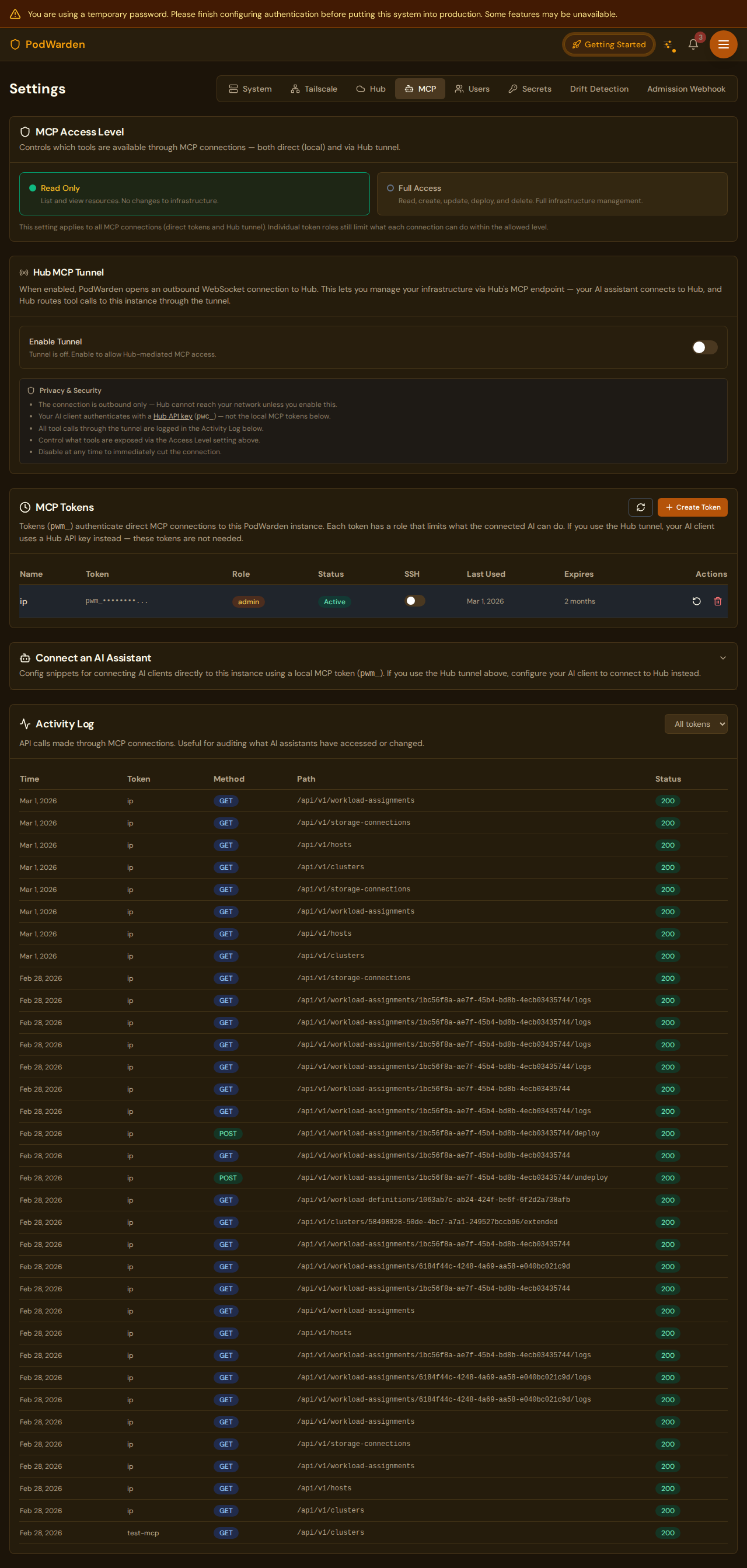 PodWarden MCP settings page with server status and token management