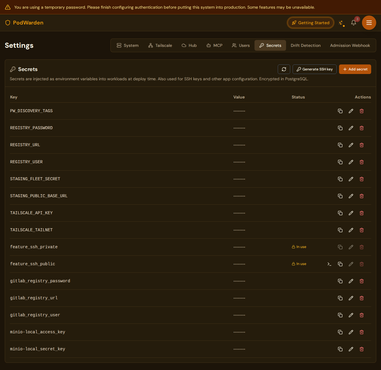 PodWarden secrets settings page showing the encrypted secret store with name, type, and masked value columns