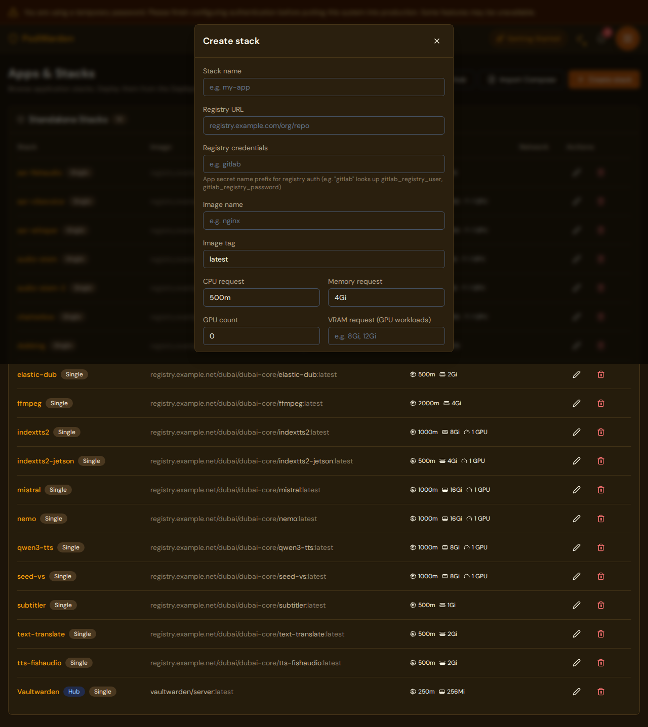 PodWarden create stack modal